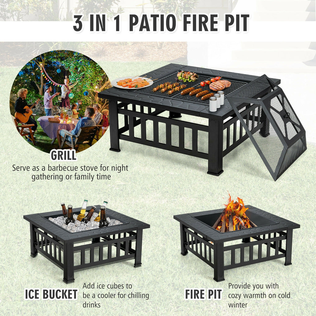 32 Inch Square Fire Pit Table - 3-in-1 BBQ Grill & Ice Bucket