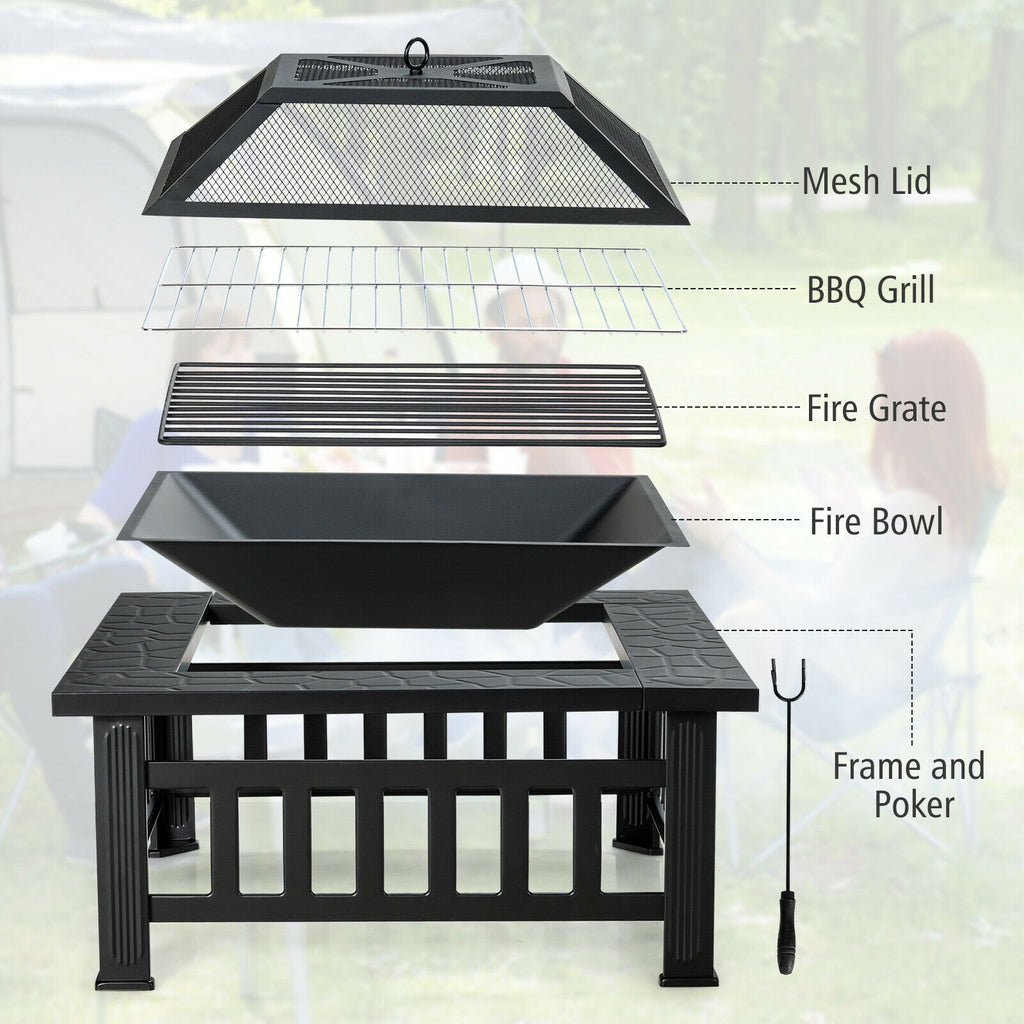 32 Inch Square Fire Pit Table - 3-in-1 BBQ Grill & Ice Bucket