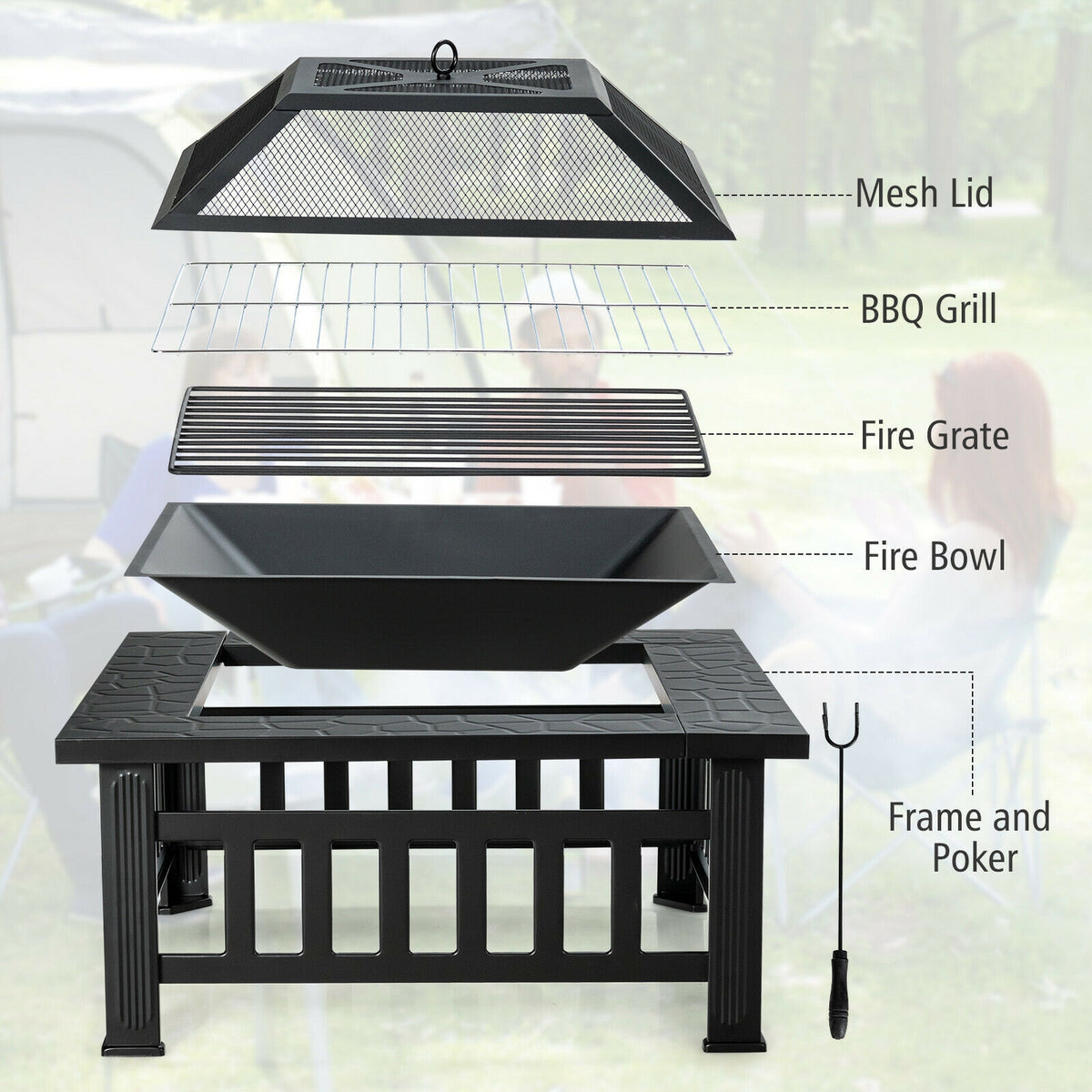 32 Inch Square Fire Pit Table - 3-in-1 BBQ Grill & Ice Bucket
