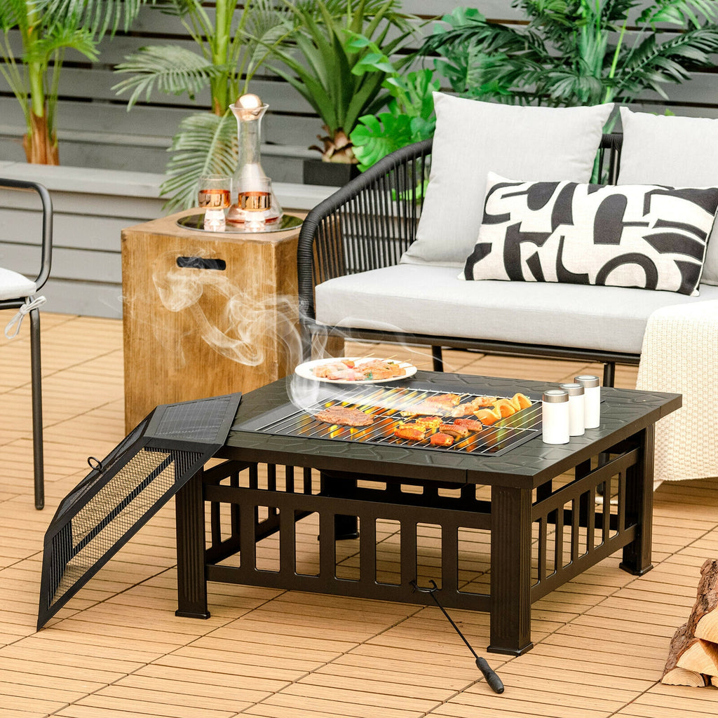 32 Inch Square Fire Pit Table - 3-in-1 BBQ Grill & Ice Bucket
