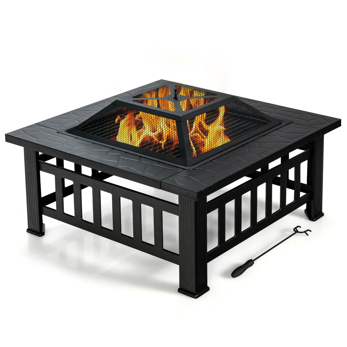 32 Inch Square Fire Pit Table - 3-in-1 BBQ Grill & Ice Bucket
