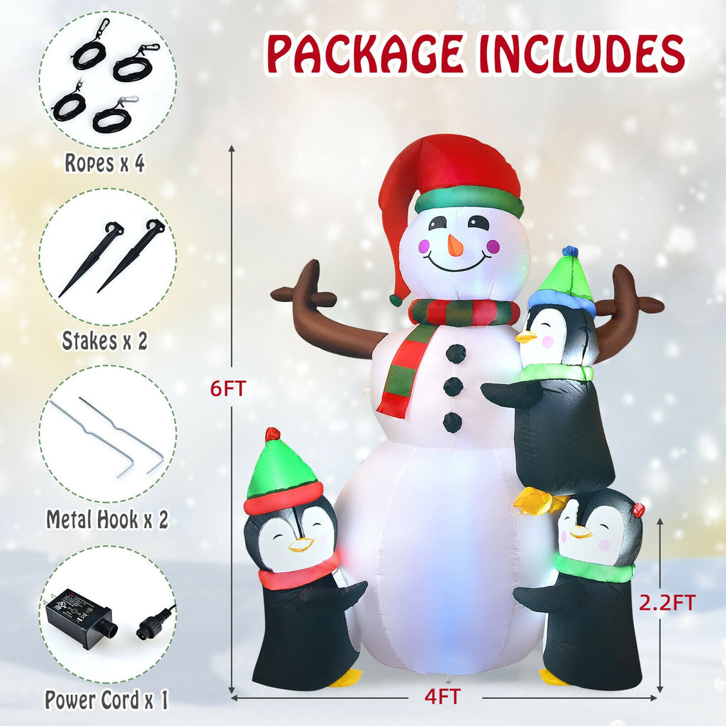 6 Feet Inflatable Snowman with Penguins Christmas Decoration - Quick & Easy Setup
