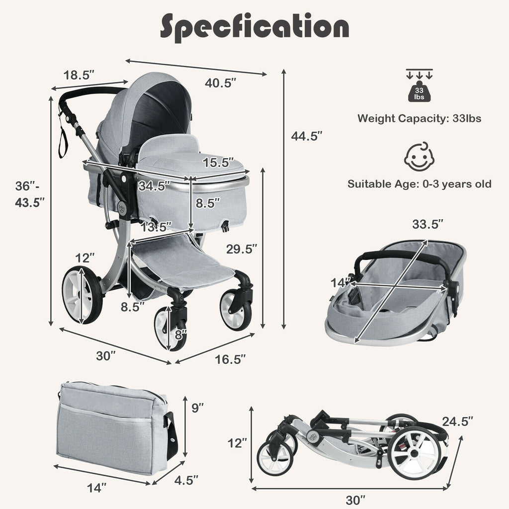 Costway 2-in-1 Foldable Baby Stroller with Diaper Bag - Gray, No Cup Holders