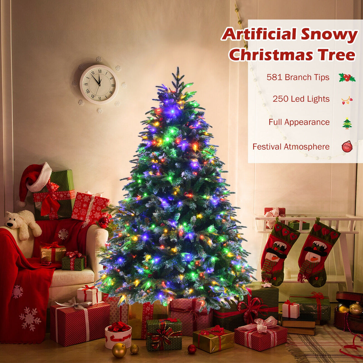 5 ft Pre-Lit Snowy Christmas Hinged Tree with Multi-Color Lights & Flash Modes