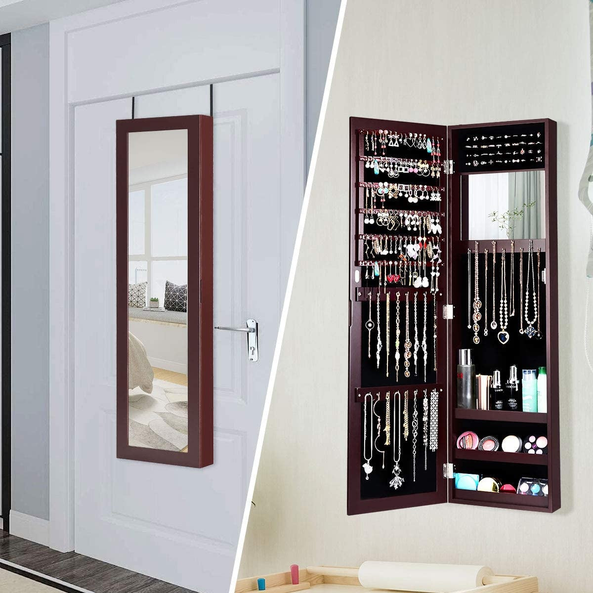 Wall-Mounted Jewelry Cabinet with Mirror & Storage Shelves - Dark Brown