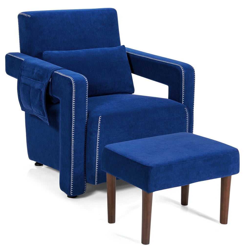 Modern Berber Fleece Accent Chair with Ottoman - Blue