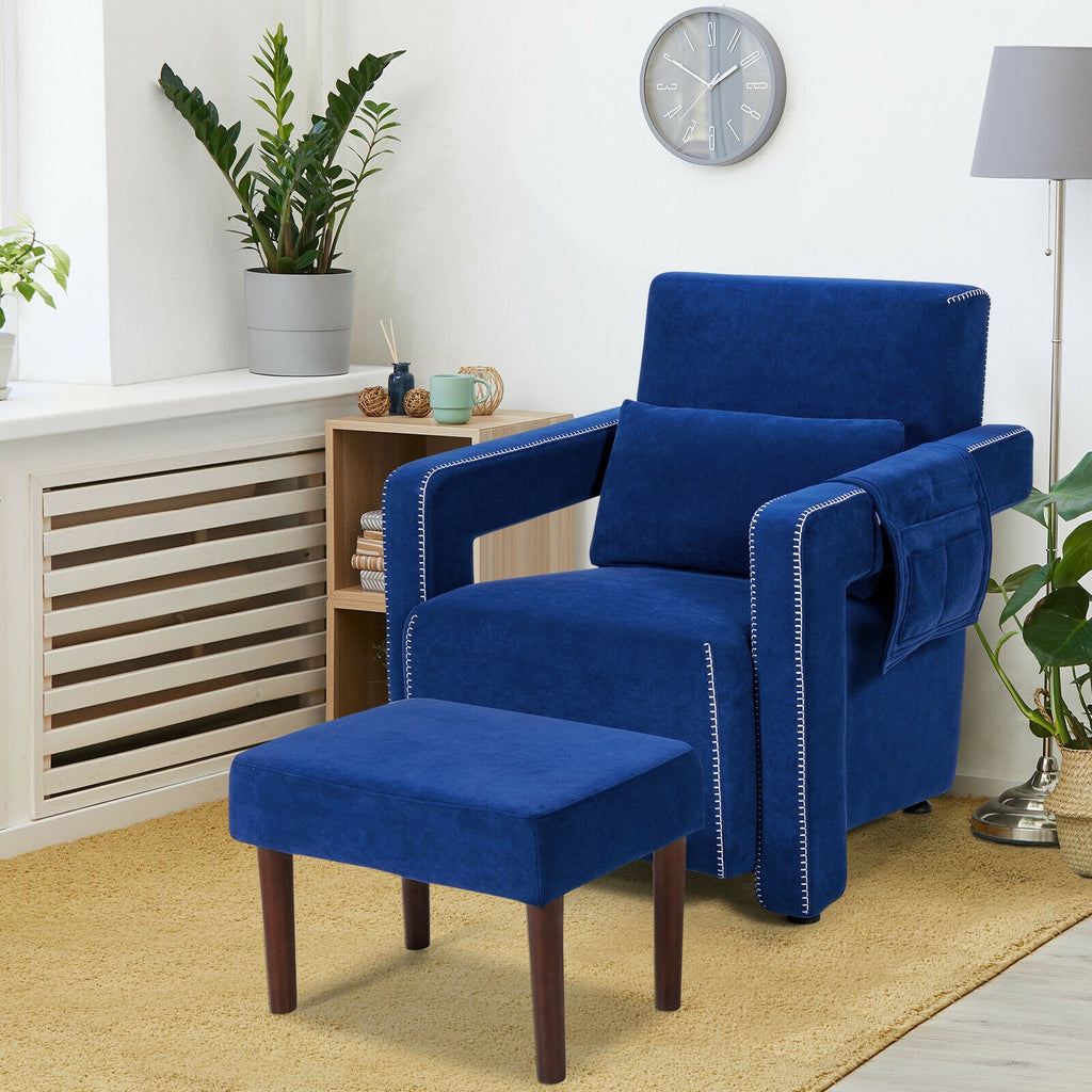 Modern Berber Fleece Accent Chair with Ottoman - Blue