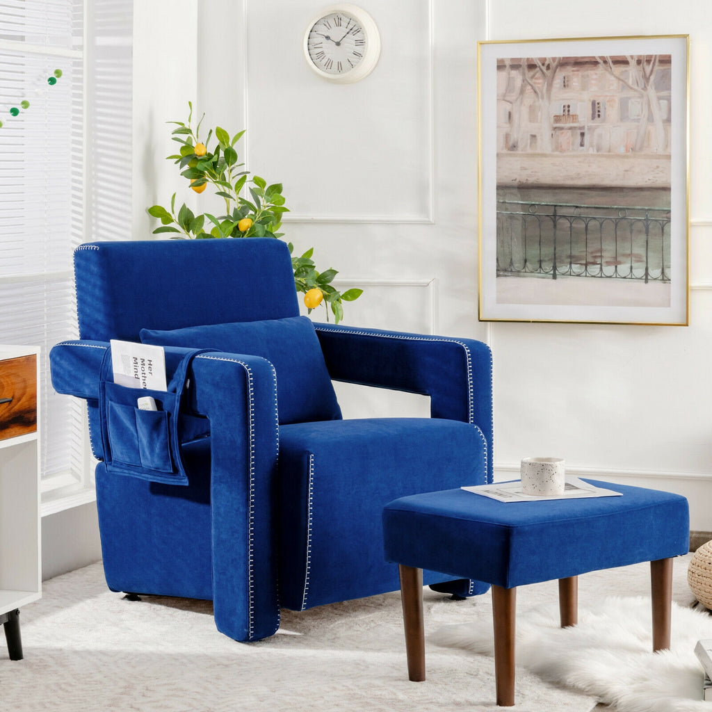 Modern Berber Fleece Accent Chair with Ottoman - Blue