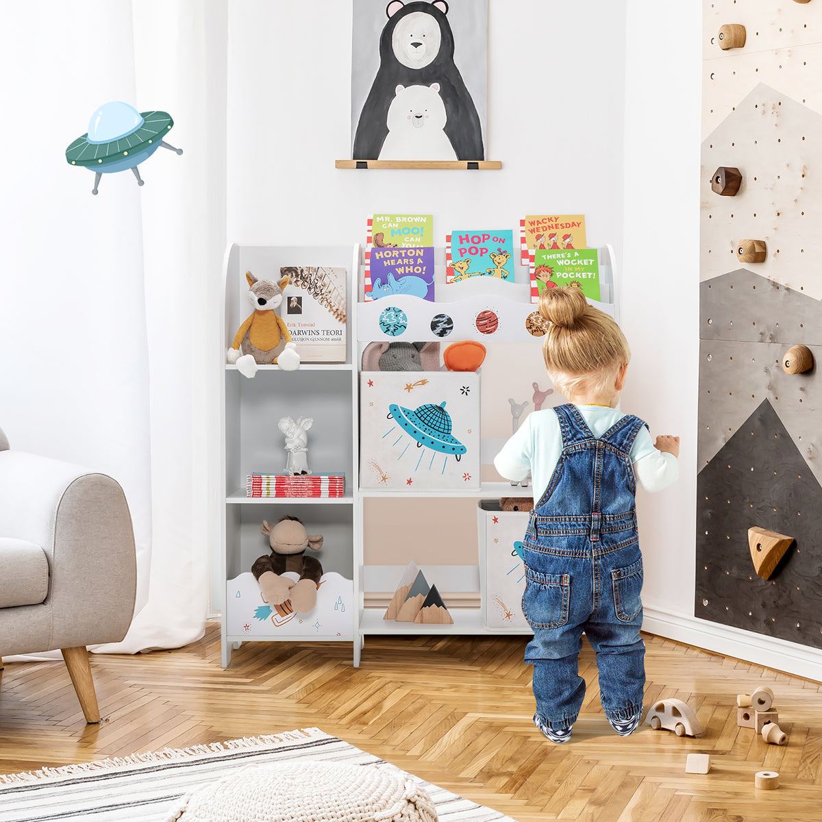 UFO Wooden Children's Storage Cabinet with Bins - Toddler Wardrobe & Organizer