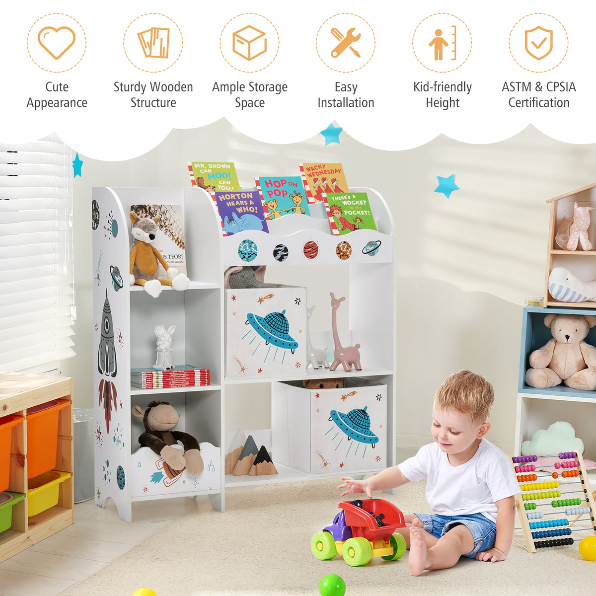 UFO Wooden Children's Storage Cabinet with Bins - Toddler Wardrobe & Organizer