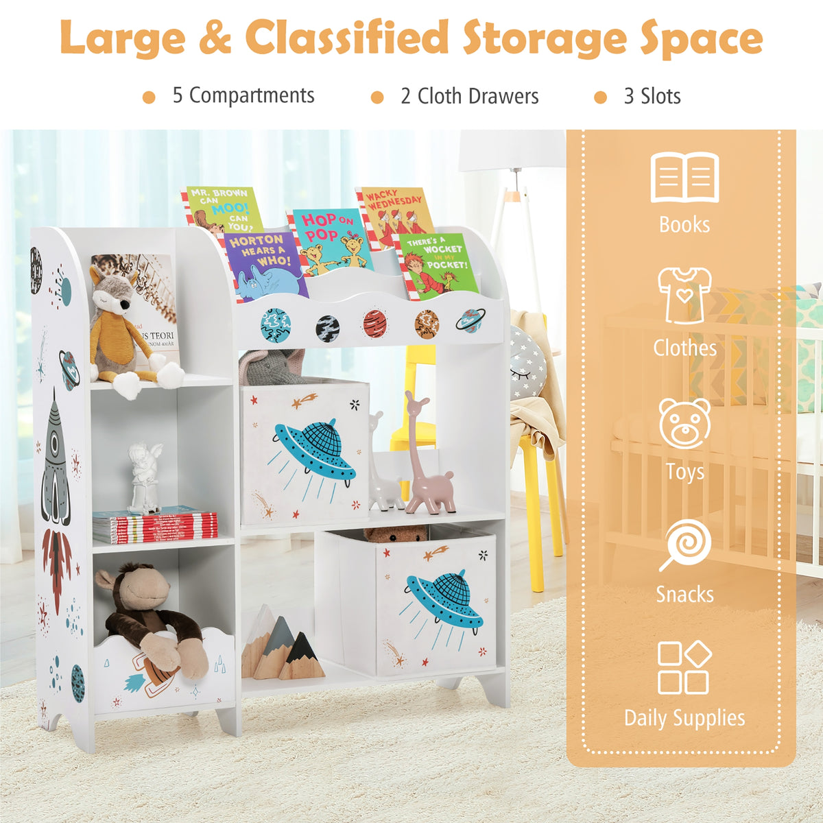 UFO Wooden Children's Storage Cabinet with Bins - Toddler Wardrobe & Organizer