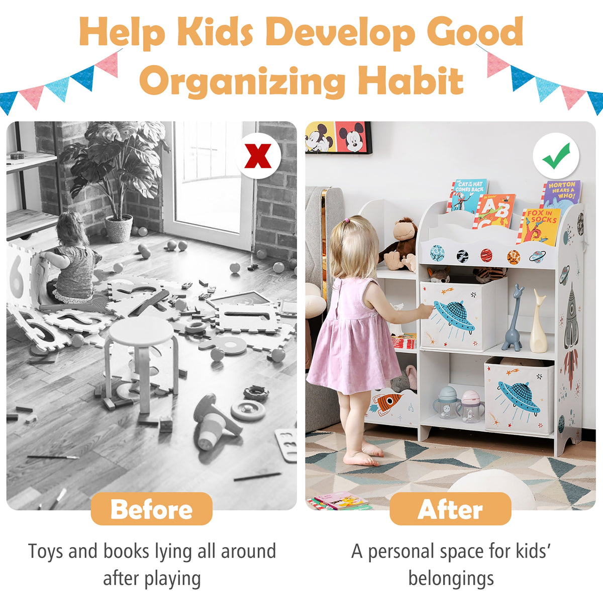 UFO Wooden Children's Storage Cabinet with Bins - Toddler Wardrobe & Organizer