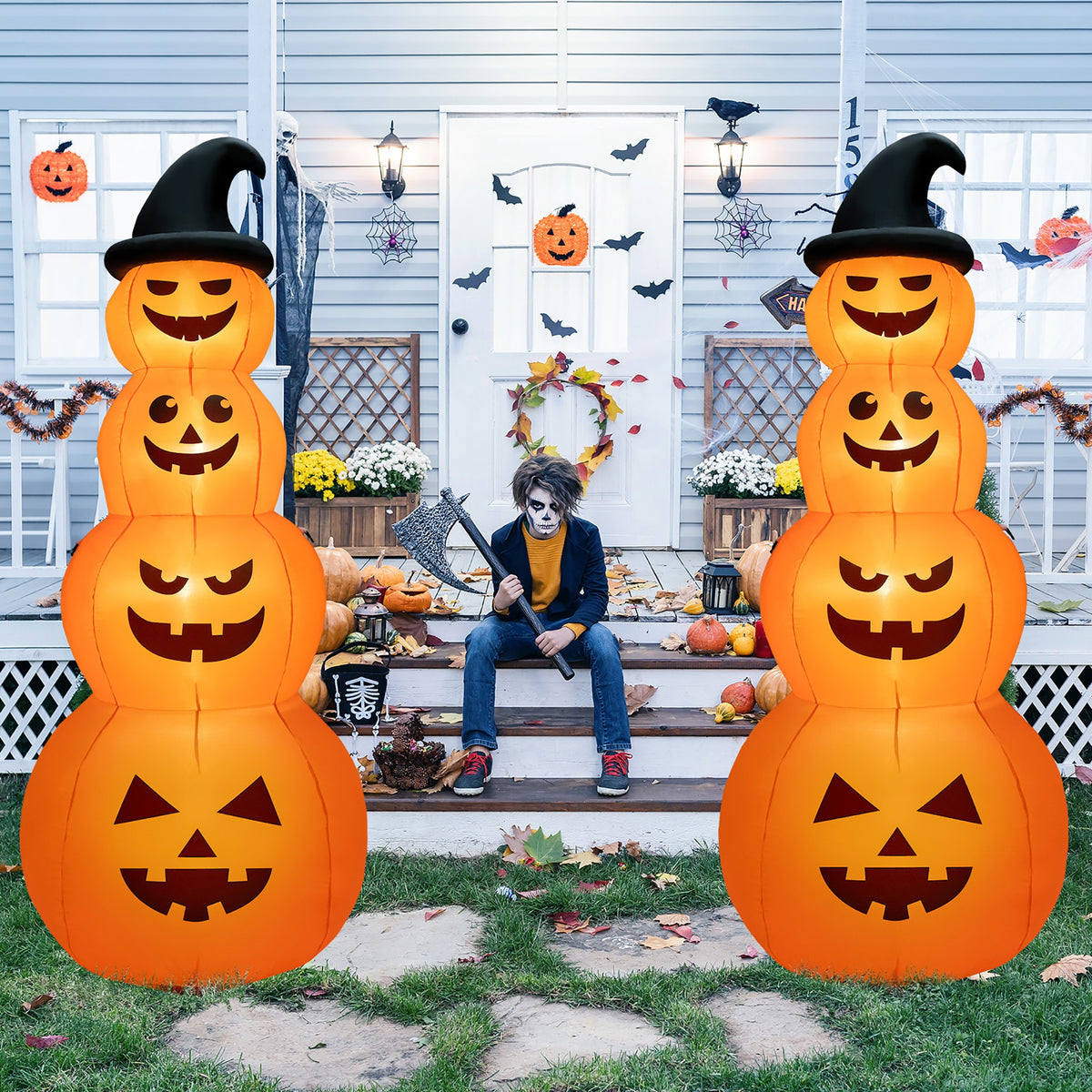 8 Feet Inflatable Halloween Pumpkin Stack with LED Lights - 4 Pumpkins Variation