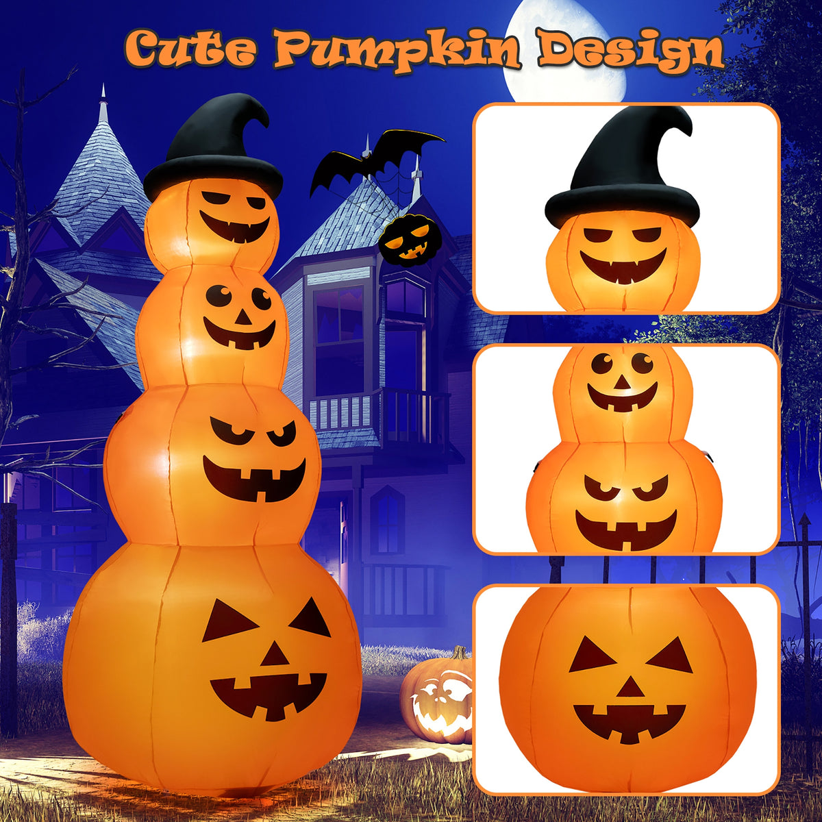 8 Feet Inflatable Halloween Pumpkin Stack with LED Lights - 4 Pumpkins Variation