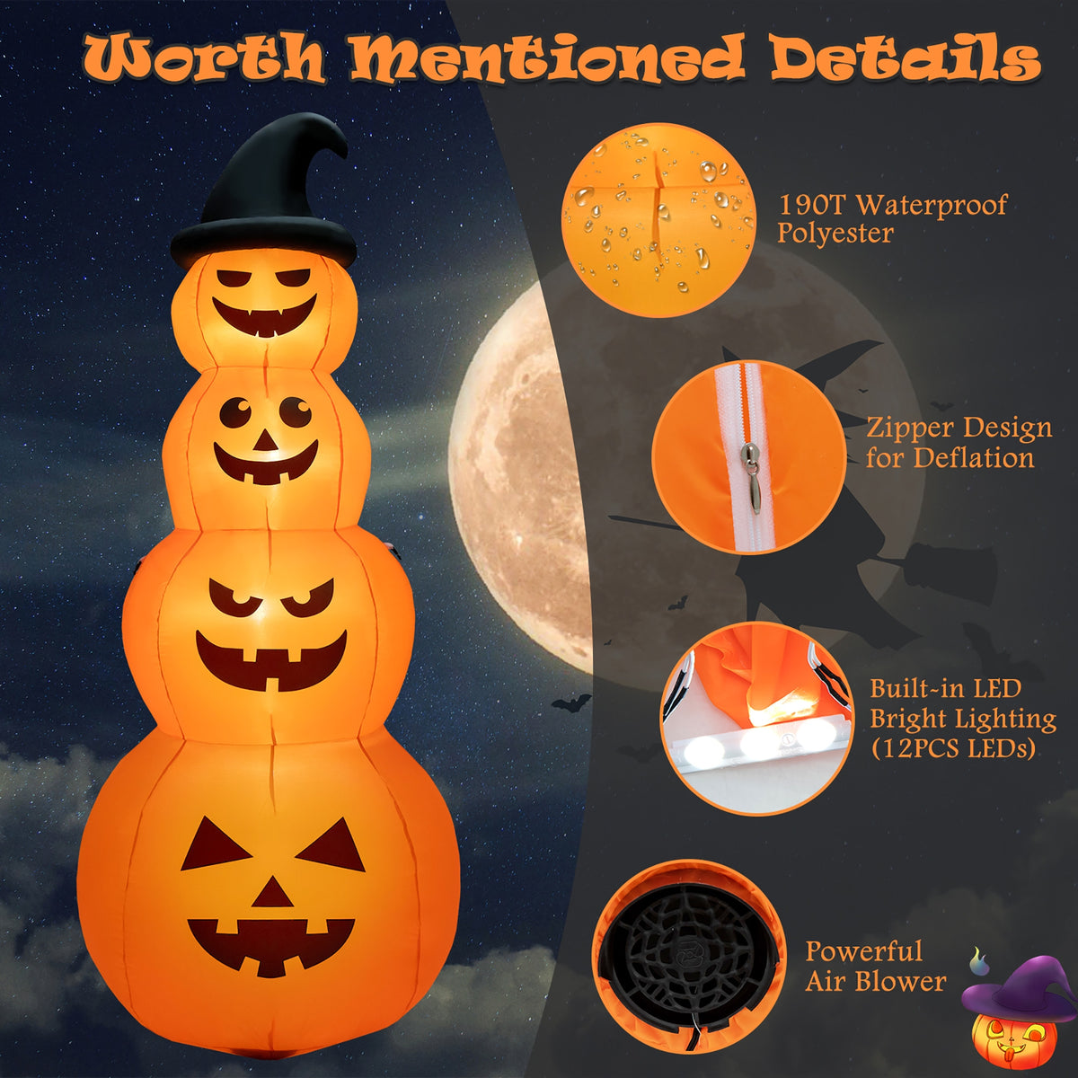 8 Feet Inflatable Halloween Pumpkin Stack with LED Lights - 4 Pumpkins Variation