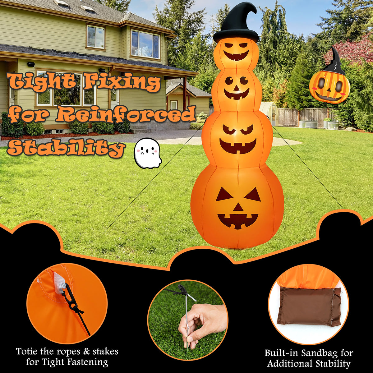 8 Feet Inflatable Halloween Pumpkin Stack with LED Lights - 4 Pumpkins Variation