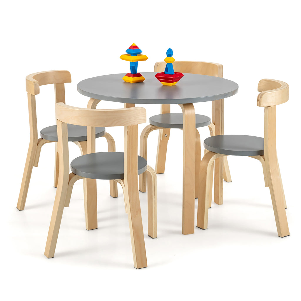 Kids Wooden Activity Table and Chair Set - Round Gray with Toy Bricks