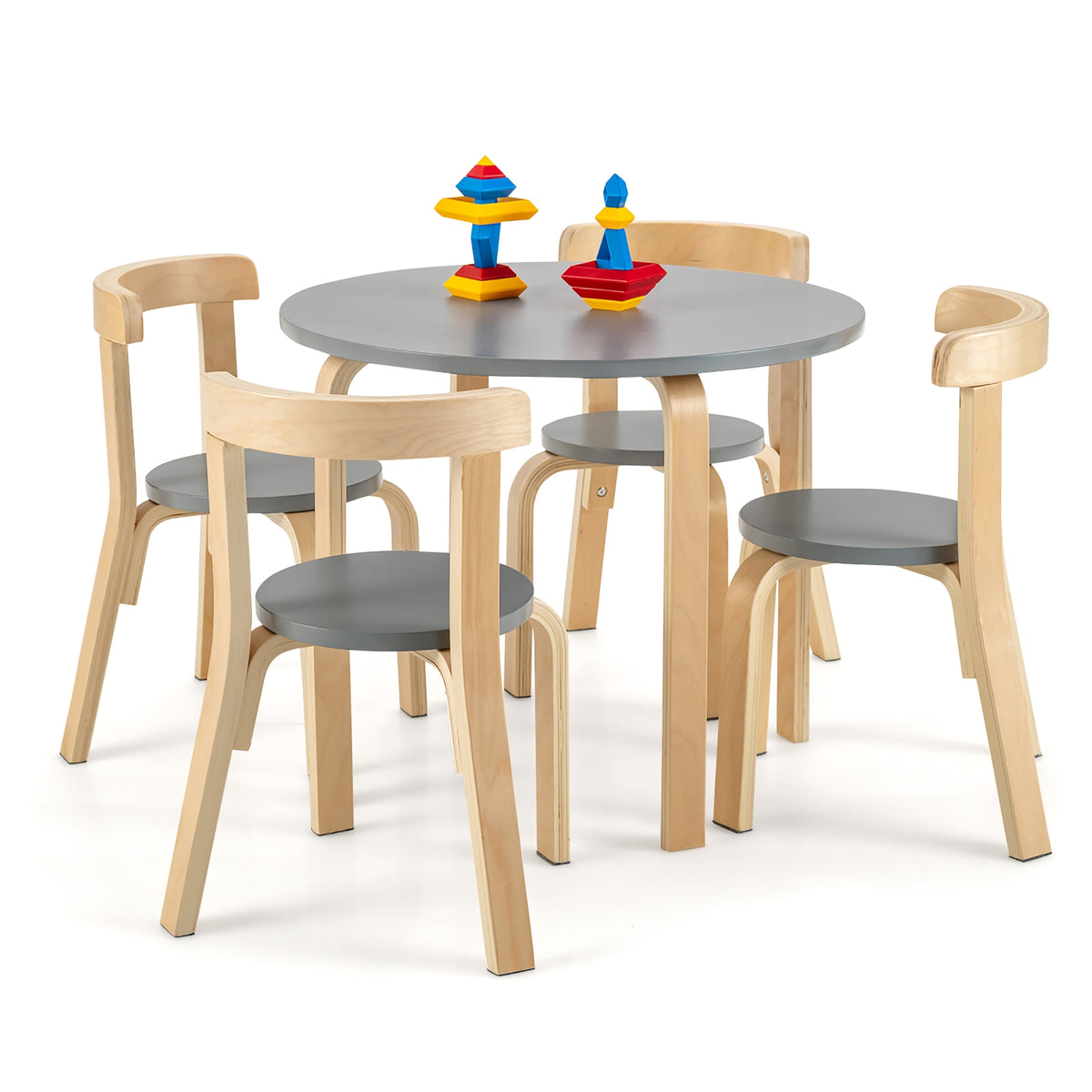 Kids Wooden Activity Table and Chair Set - Round Gray with Toy Bricks