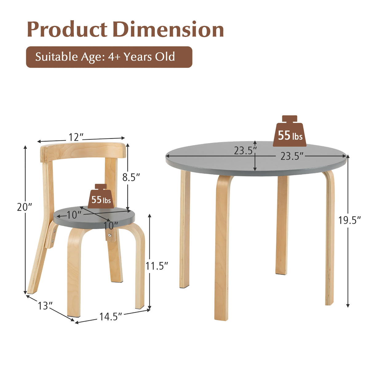 Kids Wooden Activity Table and Chair Set - Round Gray with Toy Bricks