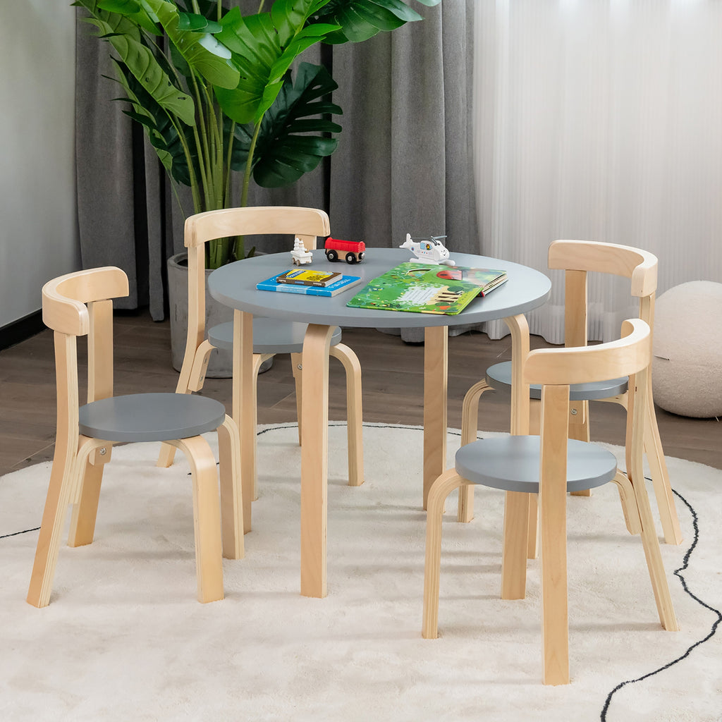 Kids Wooden Activity Table and Chair Set - Round Gray with Toy Bricks