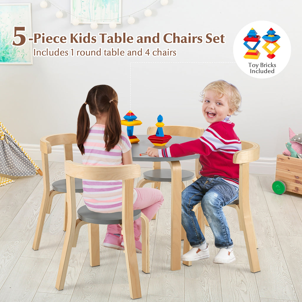 Kids Wooden Activity Table and Chair Set - Round Gray with Toy Bricks