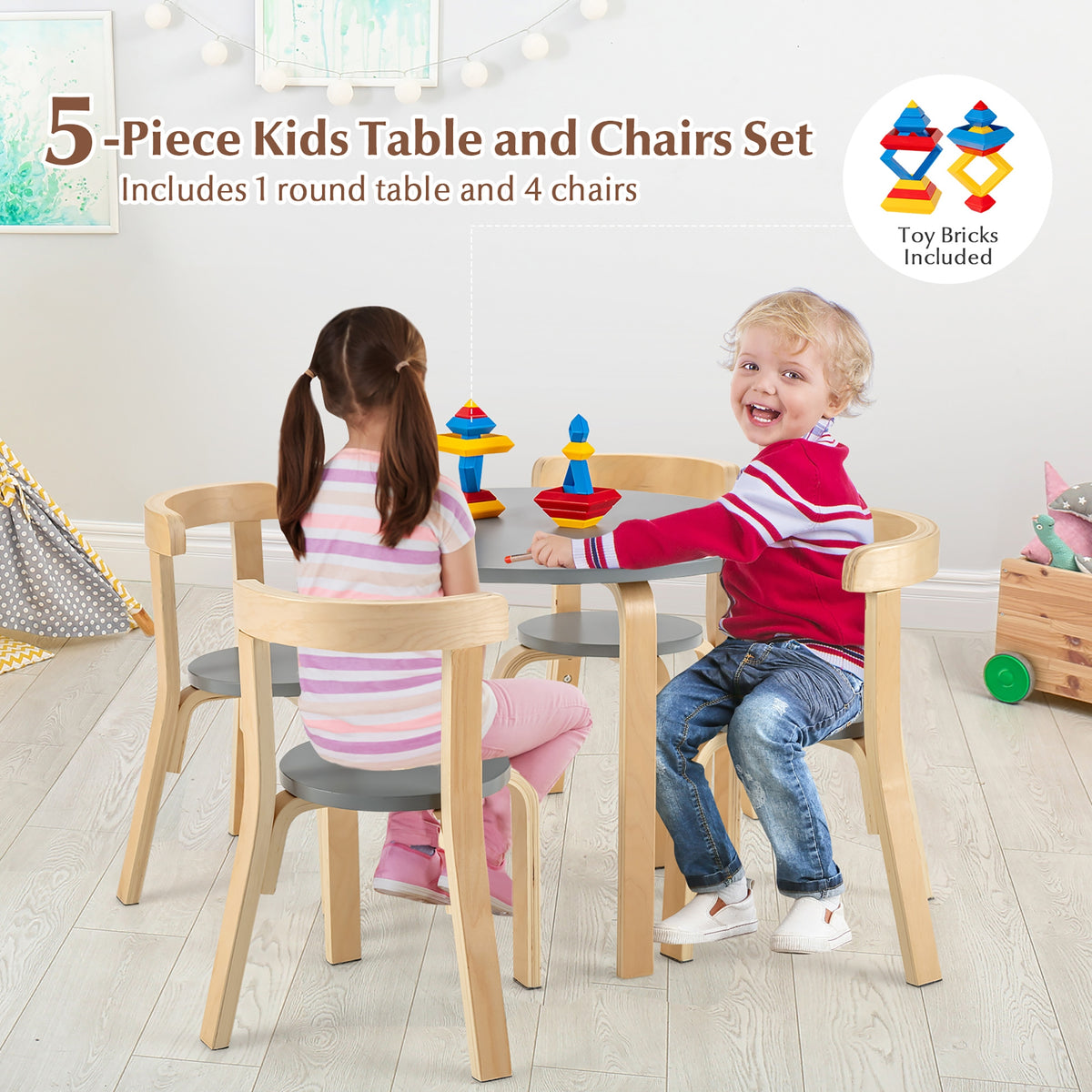 Kids Wooden Activity Table and Chair Set - Round Gray with Toy Bricks