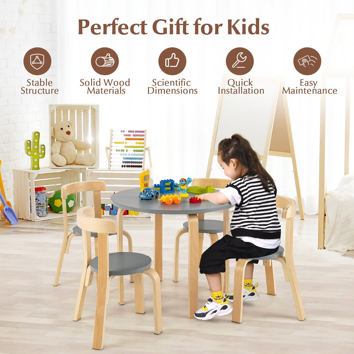 Kids Wooden Activity Table and Chair Set - Round Gray with Toy Bricks