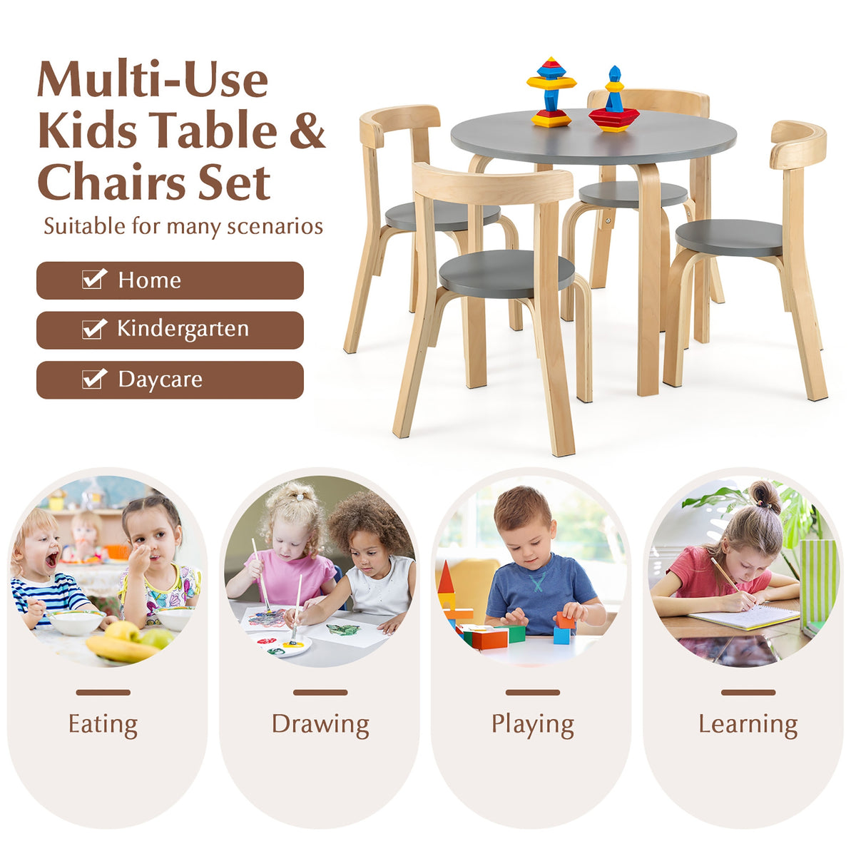 Kids Wooden Activity Table and Chair Set - Round Gray with Toy Bricks
