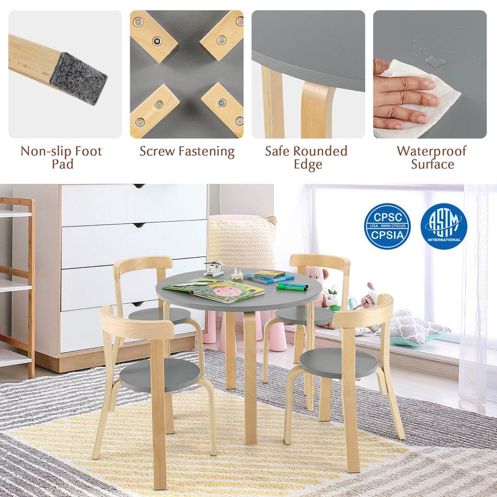 Kids Wooden Activity Table and Chair Set - Round Gray with Toy Bricks