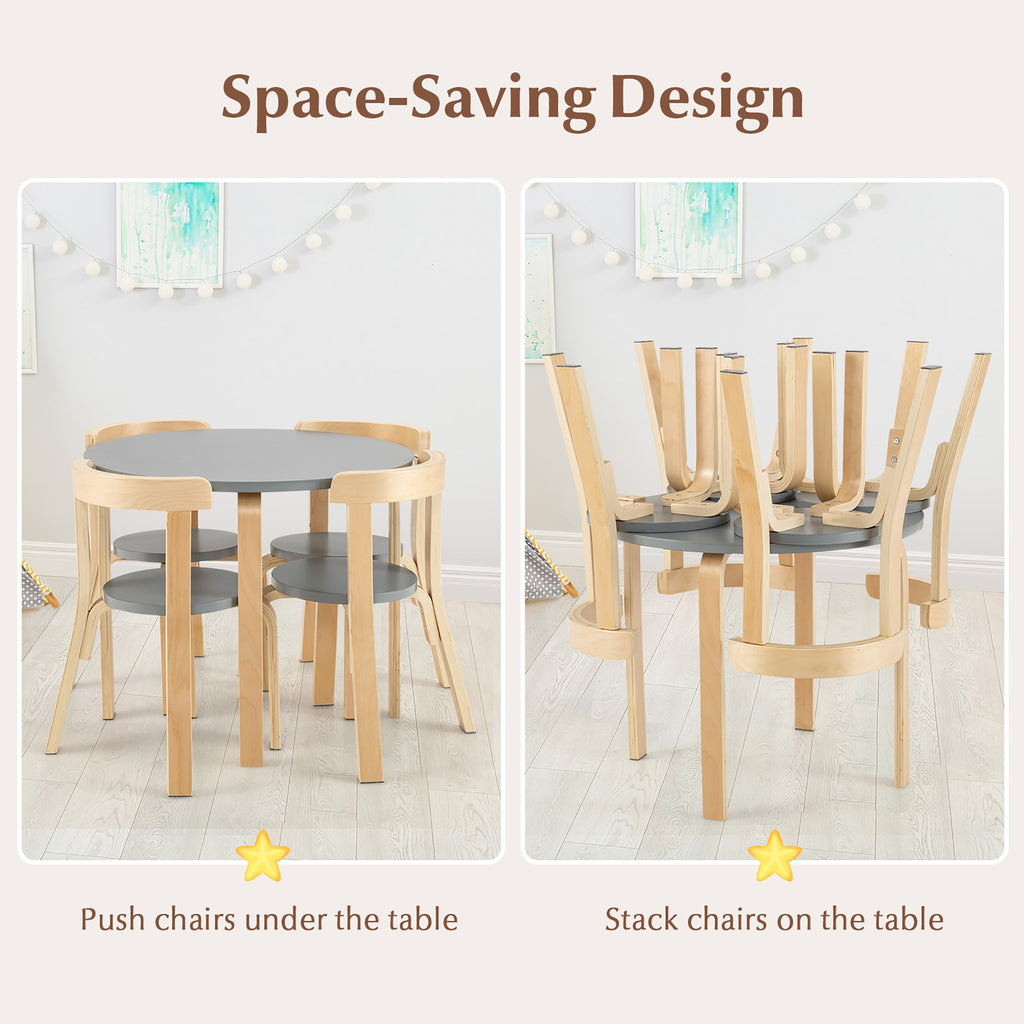 Kids Wooden Activity Table and Chair Set - Round Gray with Toy Bricks