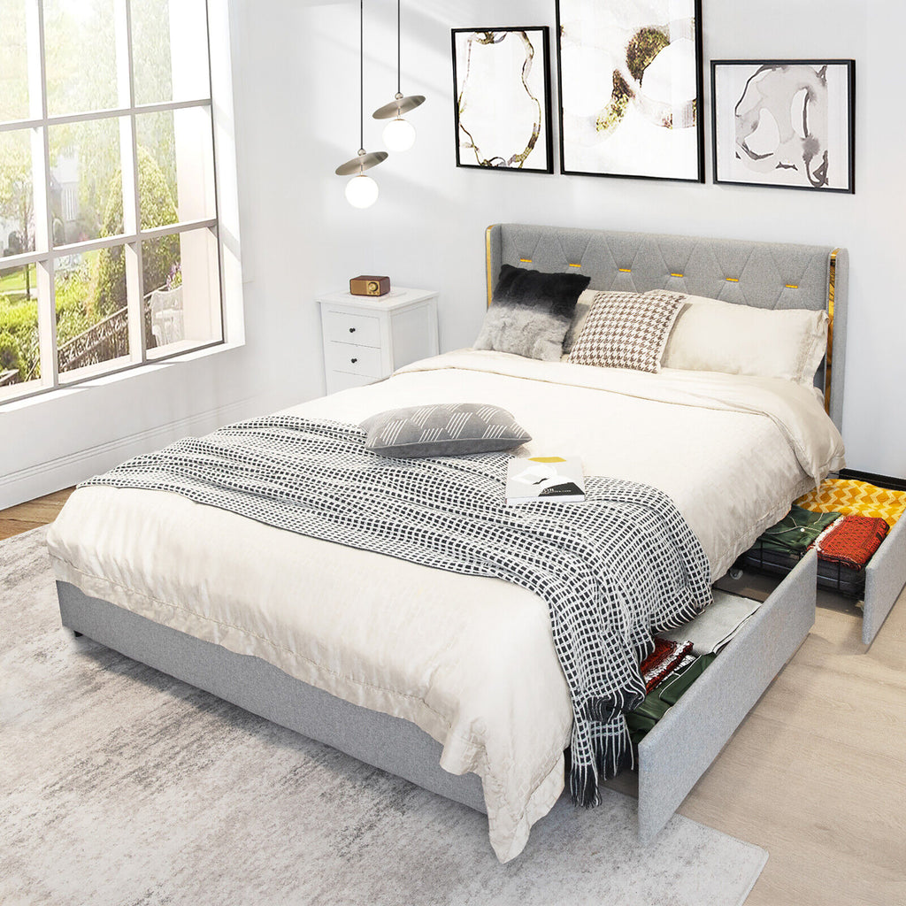 Full Size Upholstered Bed Frame with High Headboard & Storage Drawers - Silver