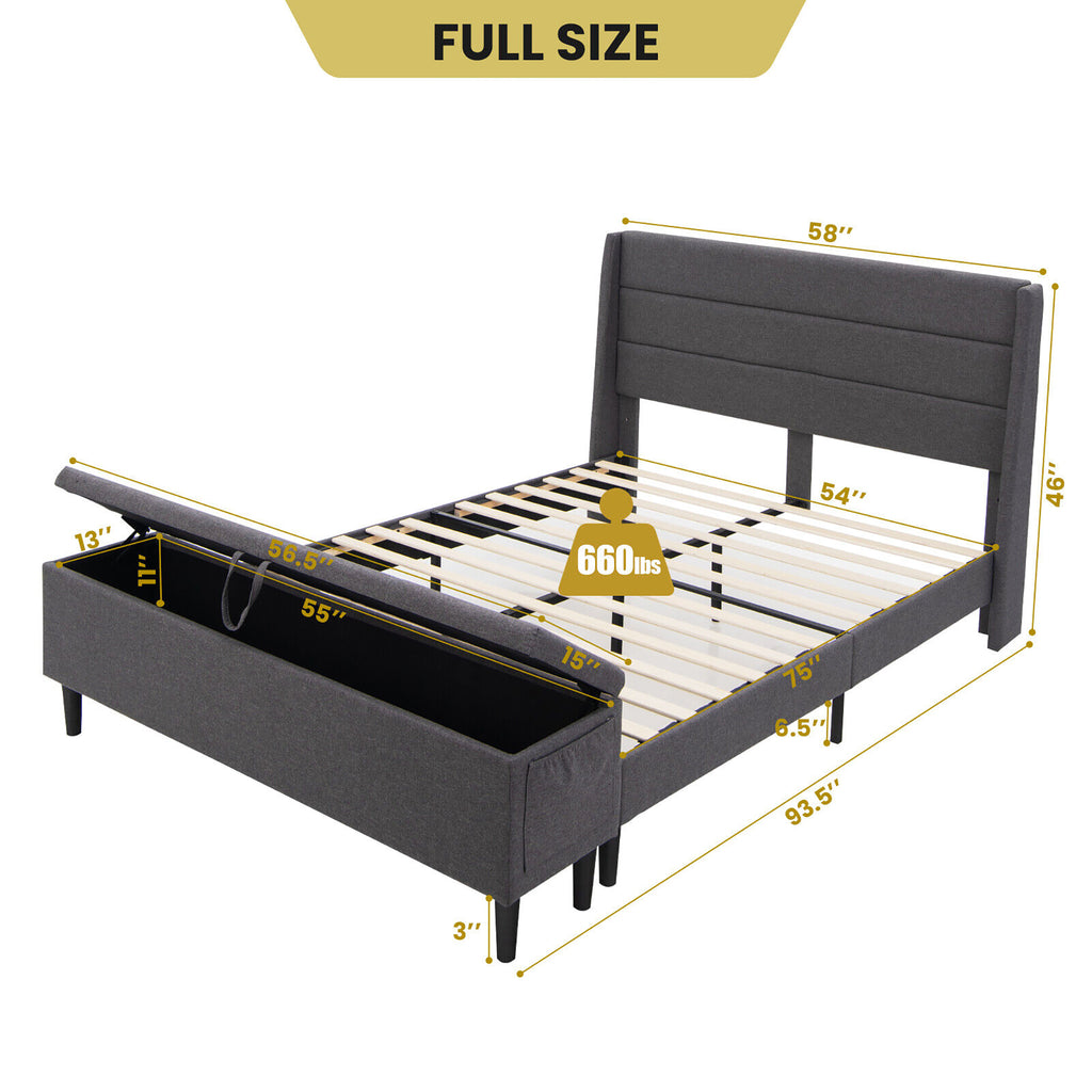 Full Size Upholstered Bed Frame with Headboard and Storage Ottoman