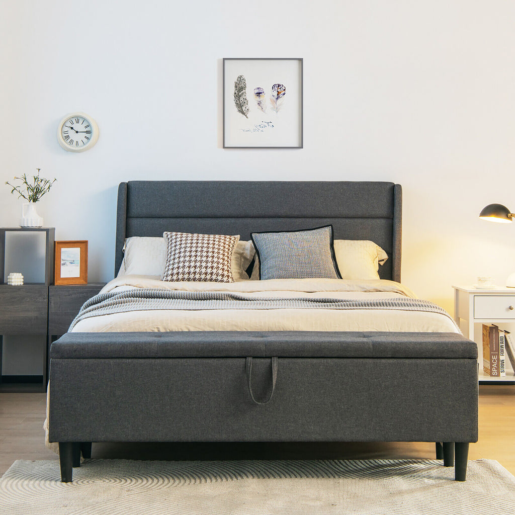 Full Size Upholstered Bed Frame with Headboard and Storage Ottoman