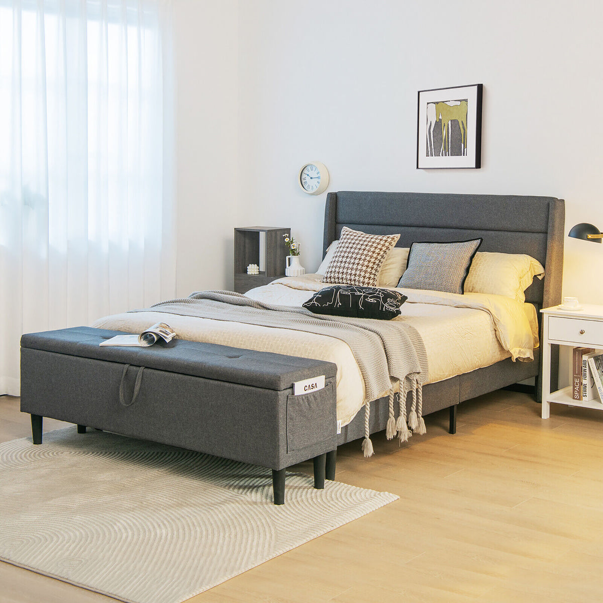 Full Size Upholstered Bed Frame with Headboard and Storage Ottoman