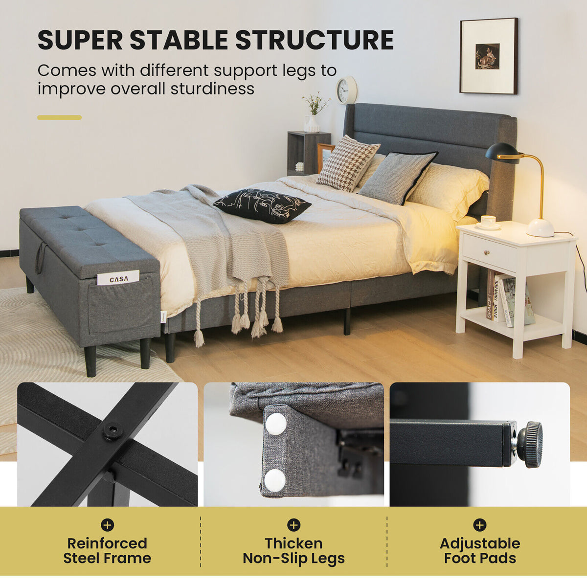 Full Size Upholstered Bed Frame with Headboard and Storage Ottoman