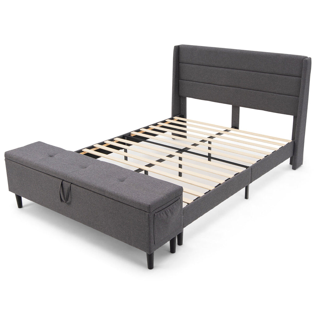 Full Size Upholstered Bed Frame with Headboard and Storage Ottoman