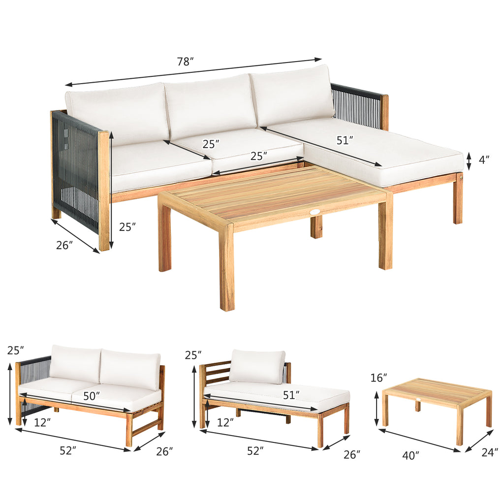 Acacia Wood Patio Sofa Set with Nylon Rope Armrest - White