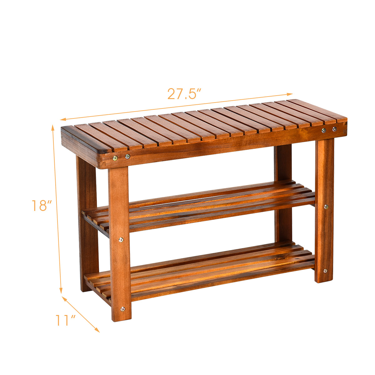 Acacia Wood Bench with 3-Tier Storage Shelves - 27.5"