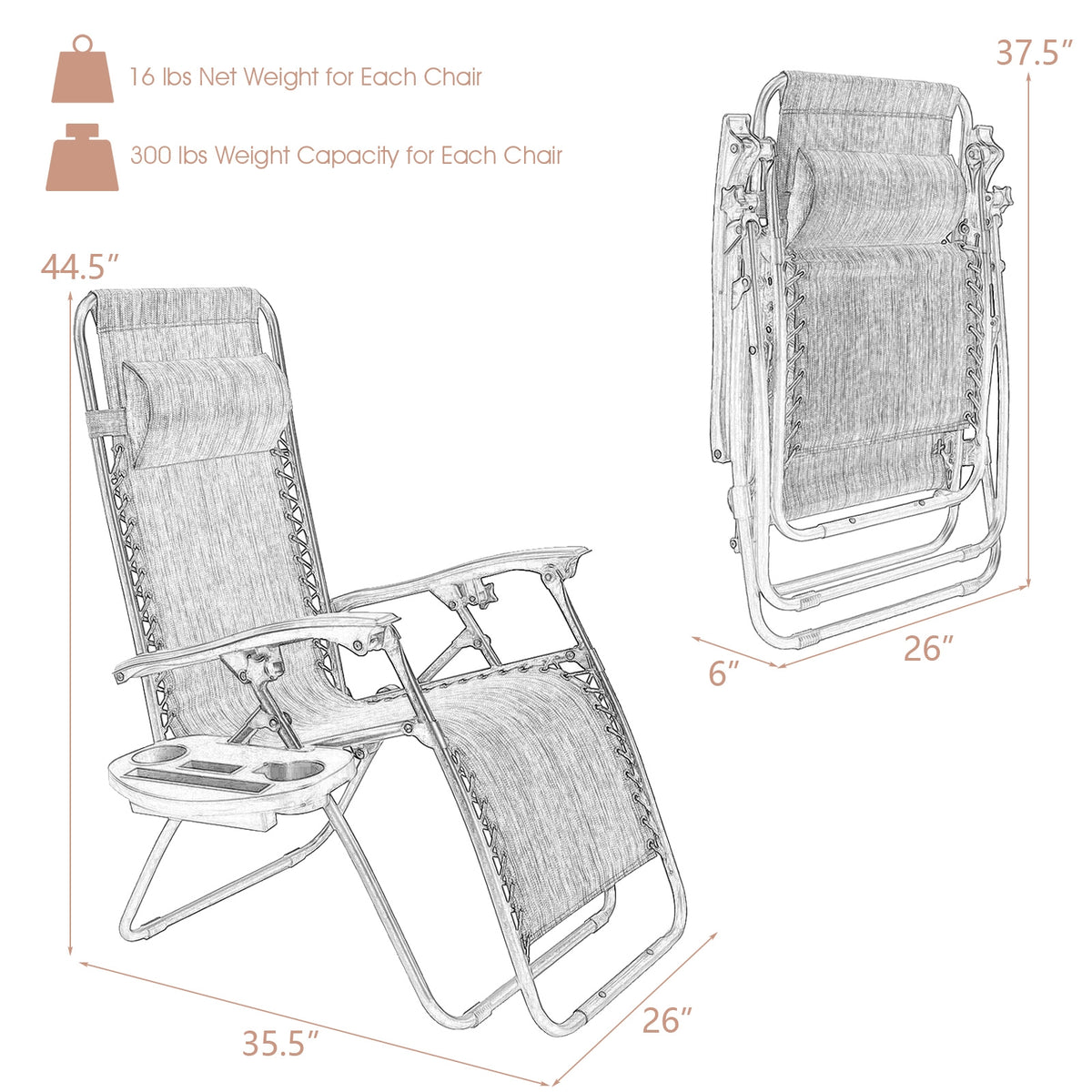 Zero Gravity Folding Lounge Chair Set of 2 - Beige