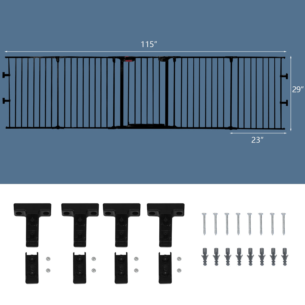 5-Panel Adjustable Metal Fireplace Fence with Locking Door - Black, 115 Inch