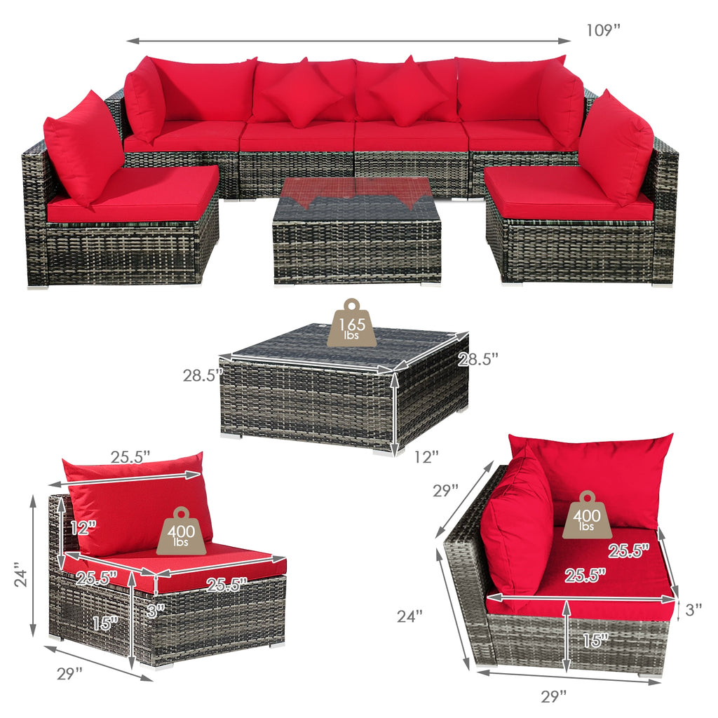 7-Piece Patio Rattan Sectional Sofa Set - Mix Gray & Red