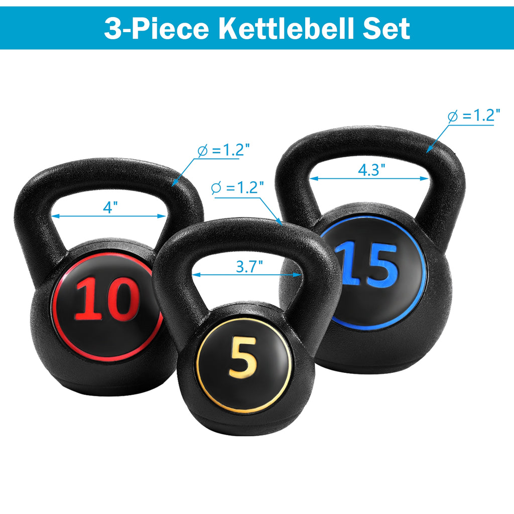 Kettlebell Weight Set - 3 Pieces 5, 10, 15lbs with Wide Grip for Full Body Workout - Variation of Kettlebell Weight Set