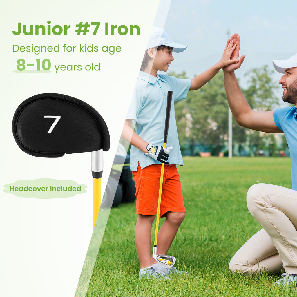 Junior Golf Iron for Kids Ages 8-10 with Fiberglass Shaft and Headcover - Yellow Variation 7 Iron