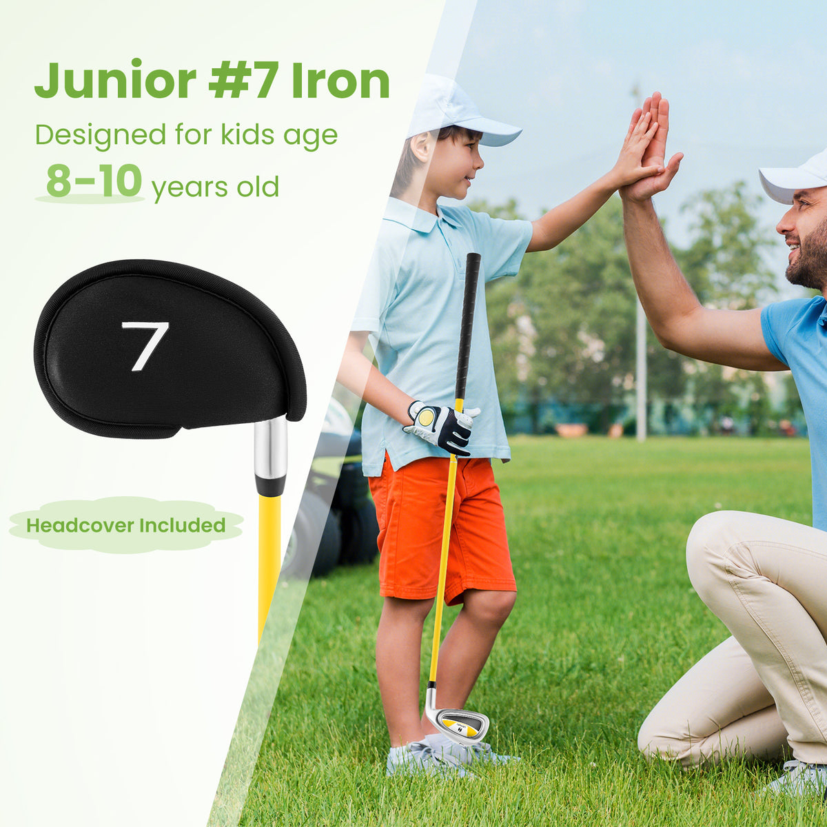 Junior Golf Iron for Kids Ages 8-10 with Fiberglass Shaft and Headcover - Yellow Variation 7 Iron
