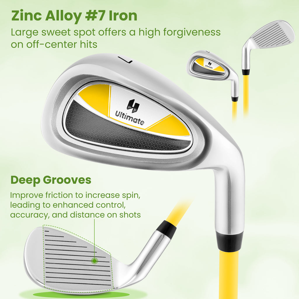 Junior Golf Iron for Kids Ages 8-10 with Fiberglass Shaft and Headcover - Yellow Variation 7 Iron