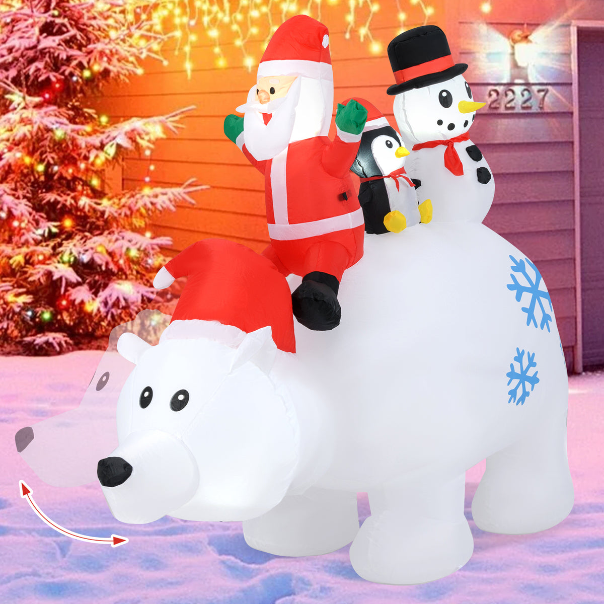 6 Ft Christmas Inflatable with Lights Animated Santa Penguin Snowman - Santa Claus & Penguin Riding Polar Bear Variation