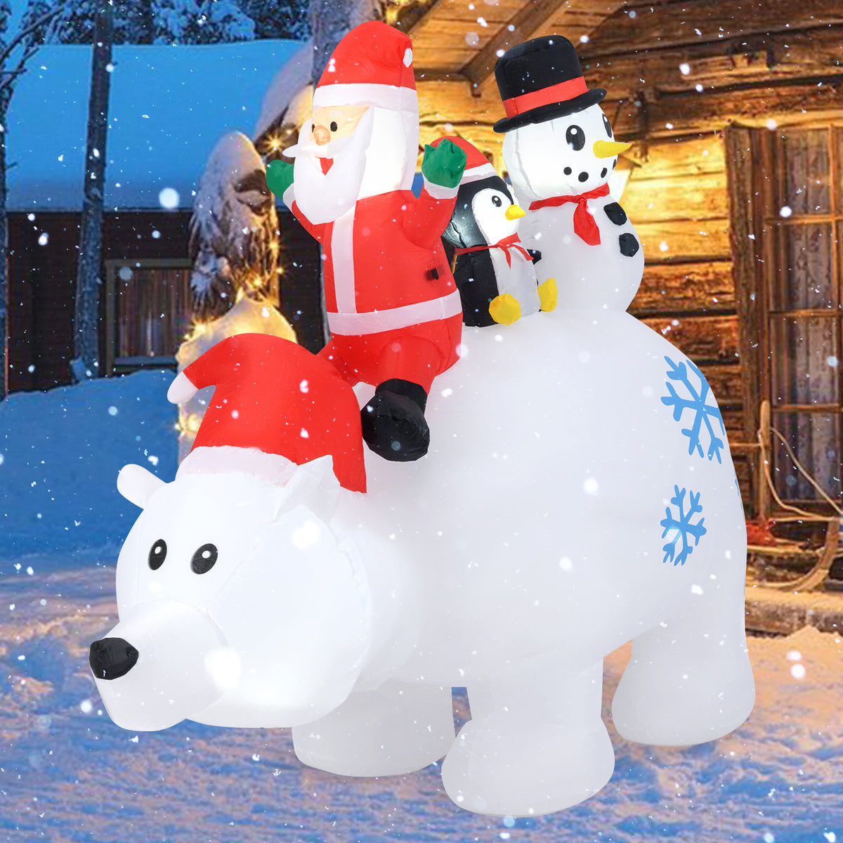 6 Ft Christmas Inflatable with Lights Animated Santa Penguin Snowman - Santa Claus & Penguin Riding Polar Bear Variation