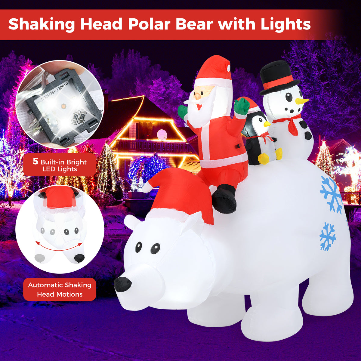 6 Ft Christmas Inflatable with Lights Animated Santa Penguin Snowman - Santa Claus & Penguin Riding Polar Bear Variation