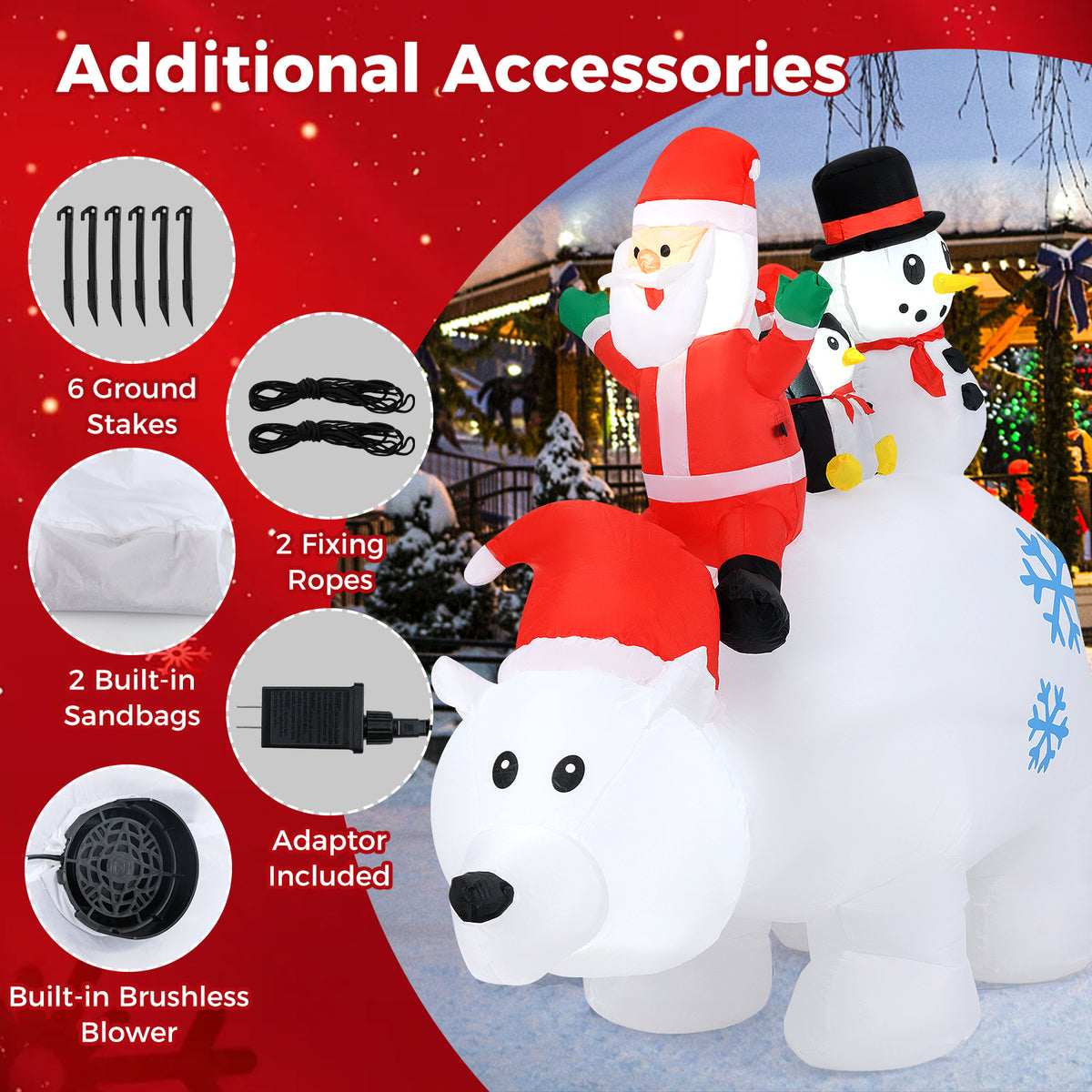 6 Ft Christmas Inflatable with Lights Animated Santa Penguin Snowman - Santa Claus & Penguin Riding Polar Bear Variation