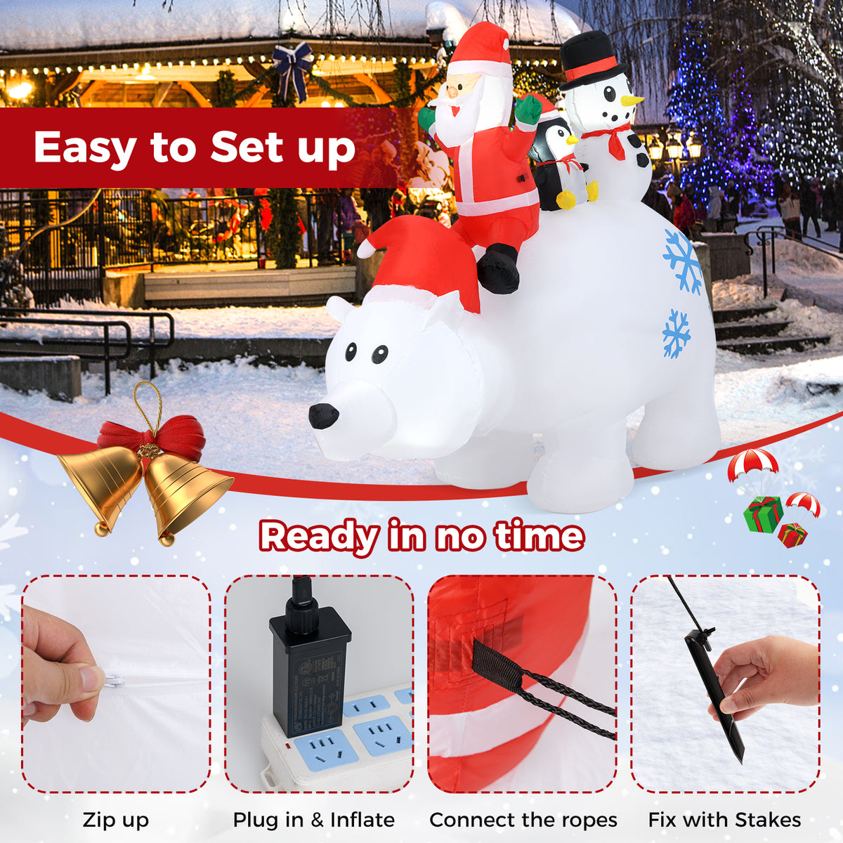 6 Ft Christmas Inflatable with Lights Animated Santa Penguin Snowman - Santa Claus & Penguin Riding Polar Bear Variation